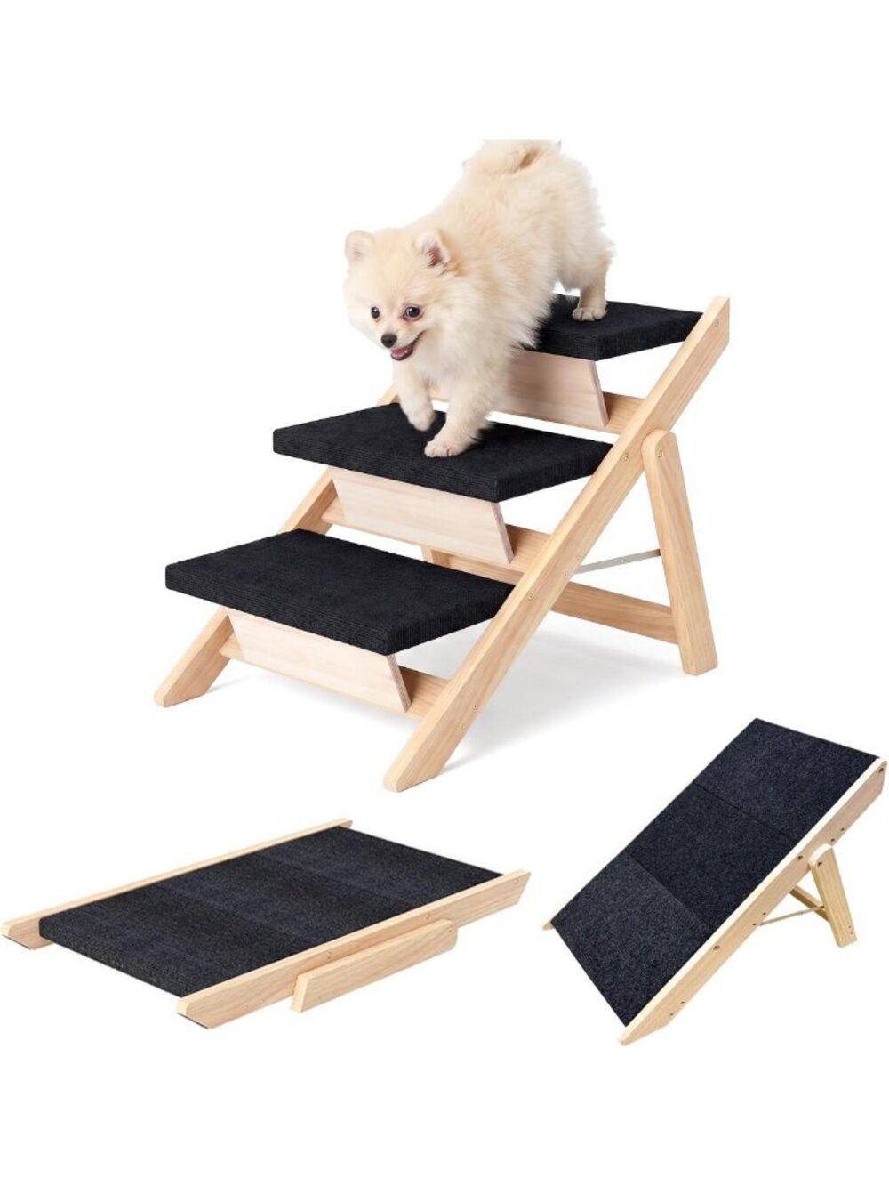 Foldable 2-in-1 Wooden Dog Stairs & Ramp for Bed - 3 Steps, Pet Access Solution
